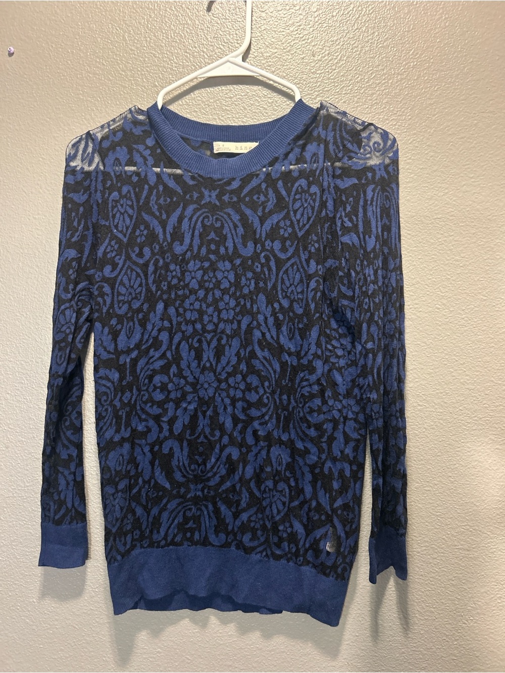 Hinge Nordstrom Womens Small S Blue Black Damask Intarsia Knit Sweater Top